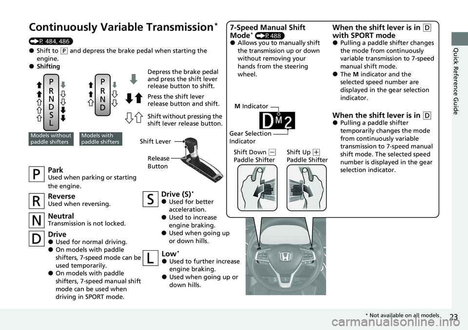 HONDA ACCORD SEDAN 2020 (in English) Owners Guide 23
Quick Reference Guide
M Indicator
Gear Selection
Indicator
Continuously Vari able Transmission*
(P 484, 486)
●Shift to (P and depress the brake pedal when starting the
engine.
●Shifting
Park HONDA ACCORD SEDAN 2020 (in English) Owners Guide 23
Quick Reference Guide
M Indicator
Gear Selection
Indicator
Continuously Vari able Transmission*
(P 484, 486)
●Shift to (P and depress the brake pedal when starting the
engine.
●Shifting
Park