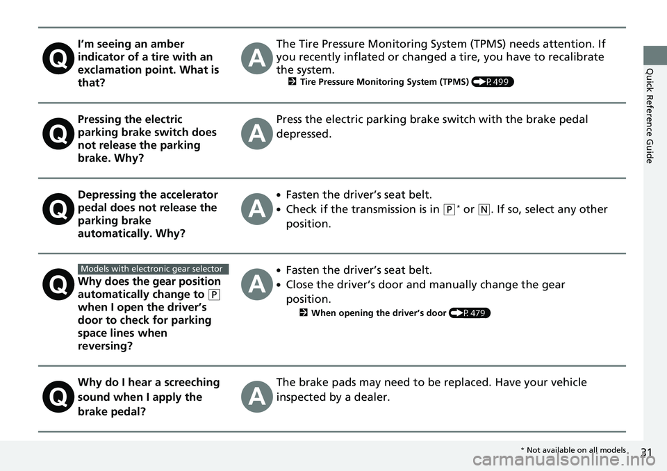 HONDA ACCORD SEDAN 2020  Owners Manual (in English) 31
Quick Reference Guide
I’m seeing an amber 
indicator of a tire with an 
exclamation point. What is 
that?The Tire Pressure Monitoring System (TPMS) needs attention. If 
you recently inflated or c