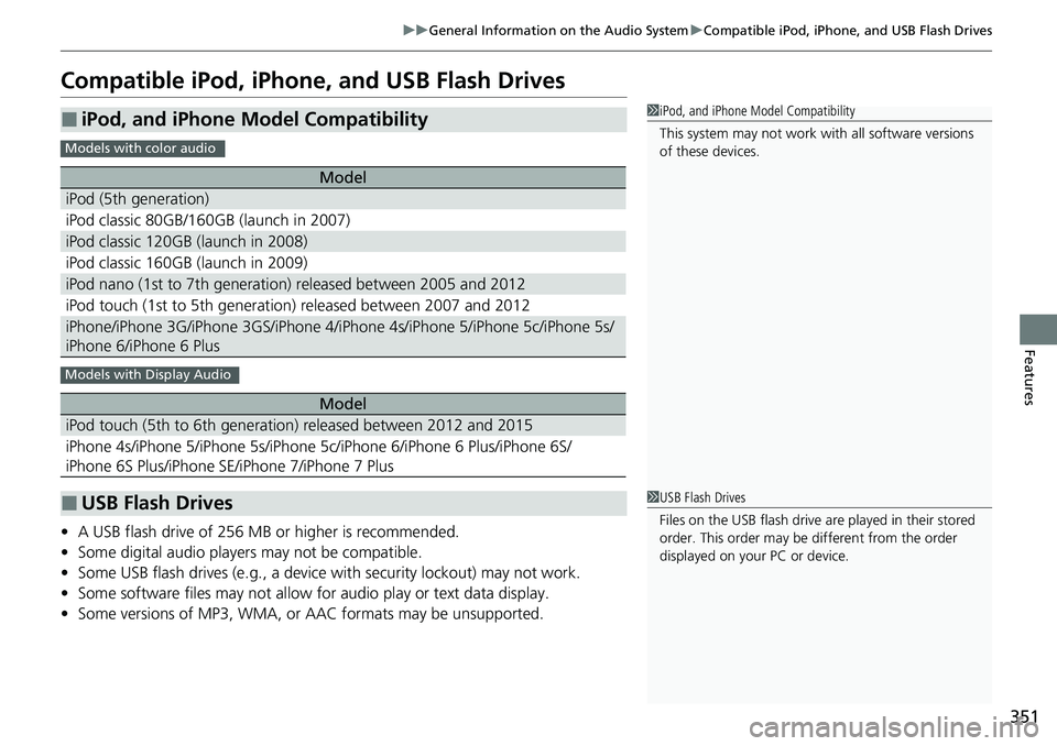 HONDA ACCORD SEDAN 2020  Owners Manual (in English) 351
uuGeneral Information on the Audio System uCompatible iPod, iPhone, and USB Flash Drives
Features
Compatible iPod, iPhone , and USB Flash Drives
•A USB flash drive of 256 MB or higher is recomme