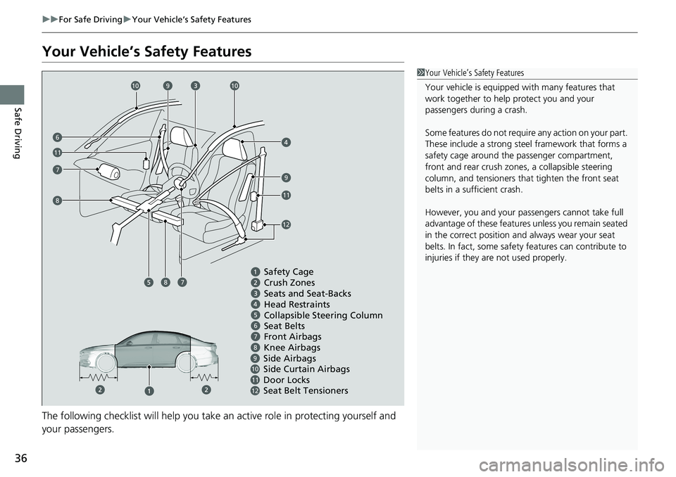 HONDA ACCORD SEDAN 2020  Owners Manual (in English) 36
uuFor Safe Driving uYour Vehicle’s Safety Features
Safe Driving
Your Vehicle’s Safety Features
The following checklist will help you take an active role  in protecting yourself and 
your passen