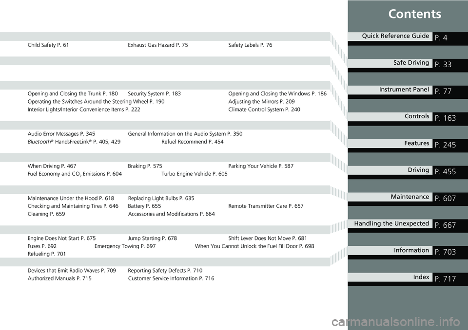 HONDA ACCORD SEDAN 2020  Owners Manual (in English) Contents
Child Safety P. 61Exhaust Gas Hazard P. 75Safety Labels P. 76
Opening and Closing the Trunk P. 180 Security Sy stem P. 183 Opening and Closing the Windows P. 186
Operating the Switches Around