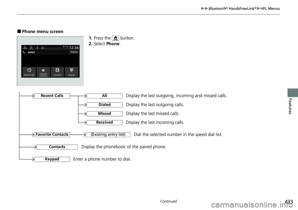 HONDA ACCORD SEDAN 2020 Owners Manual (in English) 433
uuBluetooth ® HandsFreeLink ®u HFL Menus
Continued
Features
■Phone menu screen
1.Press the button.
2. Select Phone .
Display the last outgoing, incoming and missed calls.Recent Calls
Favori HONDA ACCORD SEDAN 2020 Owners Manual (in English) 433
uuBluetooth ® HandsFreeLink ®u HFL Menus
Continued
Features
■Phone menu screen
1.Press the button.
2. Select Phone .
Display the last outgoing, incoming and missed calls.Recent Calls
Favori