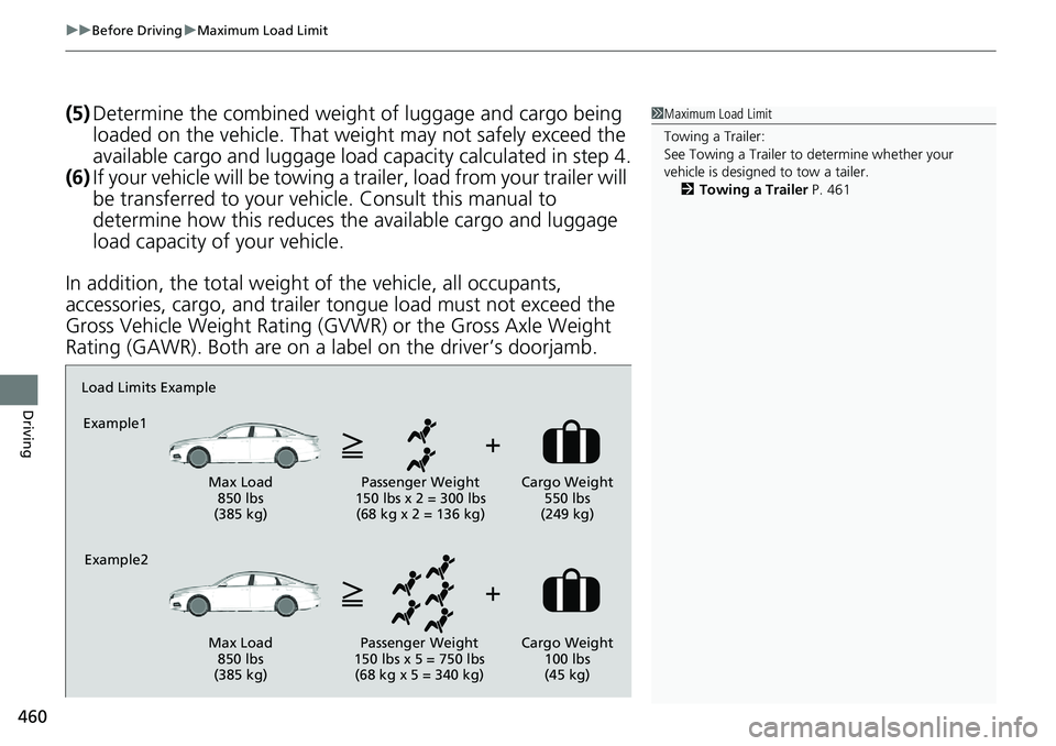 HONDA ACCORD SEDAN 2020 Owners Manual (in English) uuBefore Driving uMaximum Load Limit
460
Driving
(5) Determine the combined weight of luggage and cargo being
loaded on the vehicle. That we ight may not safely exceed the
available cargo and lugga HONDA ACCORD SEDAN 2020 Owners Manual (in English) uuBefore Driving uMaximum Load Limit
460
Driving
(5) Determine the combined weight of luggage and cargo being
loaded on the vehicle. That we ight may not safely exceed the
available cargo and lugga