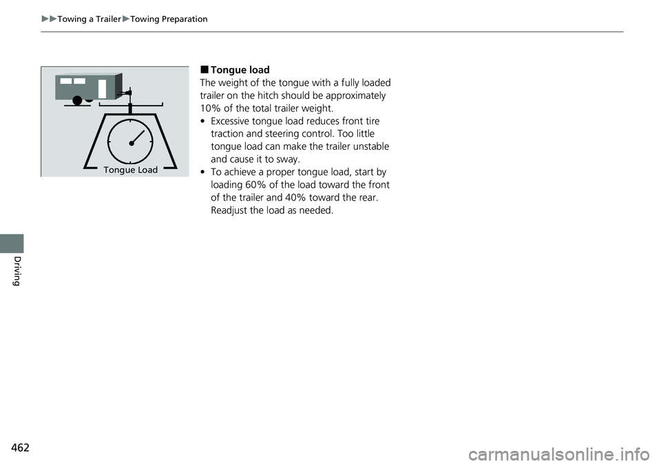 HONDA ACCORD SEDAN 2020 Owners Manual (in English) 462
uuTowing a Trailer uTowing Preparation
Driving
■Tongue load
The weight of the tongue with a fully loaded
trailer on the hitch should be approximately
10% of the total trailer weight.
• Exces HONDA ACCORD SEDAN 2020 Owners Manual (in English) 462
uuTowing a Trailer uTowing Preparation
Driving
■Tongue load
The weight of the tongue with a fully loaded
trailer on the hitch should be approximately
10% of the total trailer weight.
• Exces
