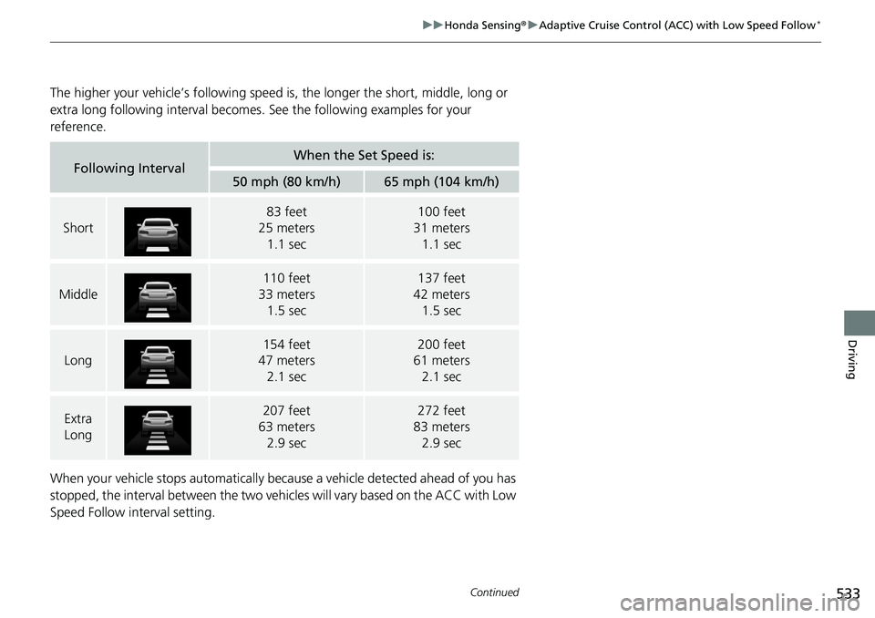 HONDA ACCORD SEDAN 2020 Owners Manual (in English) 533
uuHonda Sensing ®u Adaptive Cruise Control (ACC) with Low Speed Follow*
Continued
Driving
The higher your vehicle’s following speed is , the longer the short, middle, long or
extra long follow HONDA ACCORD SEDAN 2020 Owners Manual (in English) 533
uuHonda Sensing ®u Adaptive Cruise Control (ACC) with Low Speed Follow*
Continued
Driving
The higher your vehicle’s following speed is , the longer the short, middle, long or
extra long follow