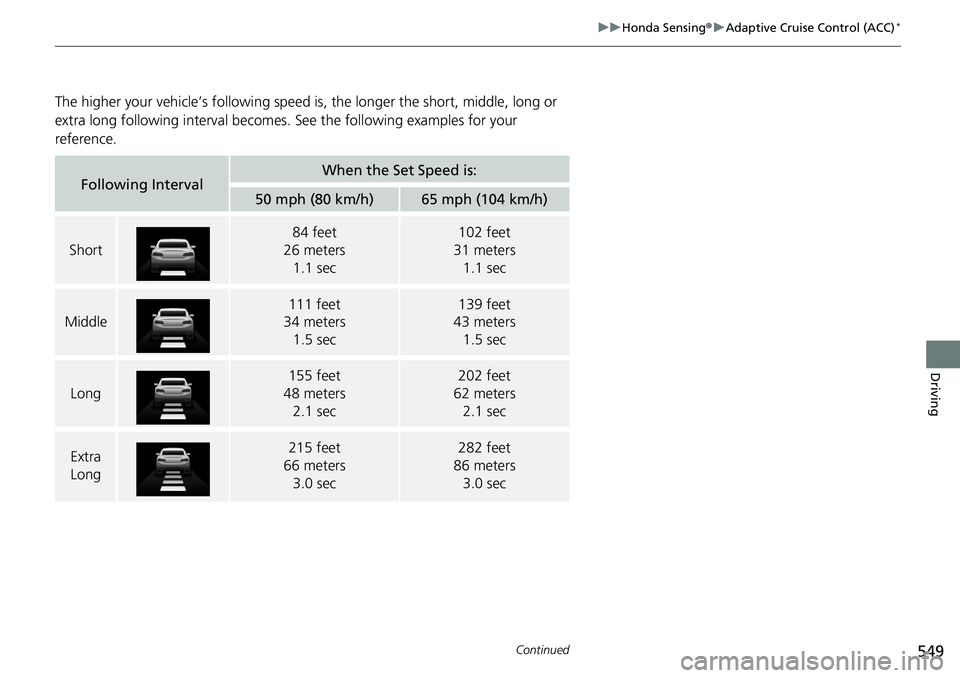 HONDA ACCORD SEDAN 2020 Owners Manual (in English) 549
uuHonda Sensing ®u Adaptive Cruise Control (ACC)*
Continued
Driving
The higher your vehicle’s following speed is , the longer the short, middle, long or
extra long following inte rval becomes. HONDA ACCORD SEDAN 2020 Owners Manual (in English) 549
uuHonda Sensing ®u Adaptive Cruise Control (ACC)*
Continued
Driving
The higher your vehicle’s following speed is , the longer the short, middle, long or
extra long following inte rval becomes.