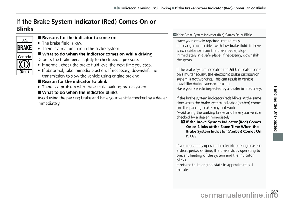 HONDA ACCORD SEDAN 2020   (in English) Owners Guide 687
uuIndicator, Comi ng On/BlinkinguIf the Brake System Indicator (Red) Comes On or Blinks
Handling the Unexpected
If the Brake System Indicator (Red) Comes On or 
Blinks
■Reasons for the indicator