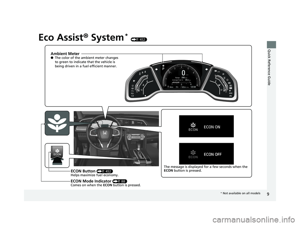 HONDA CIVIC COUPE 2020   (in English) User Guide 9
Quick Reference Guide
Eco Assist® System* (P 452)
Ambient Meter●The color of the ambient meter changes 
to green to indicate that the vehicle is 
being driven in a fuel efficient manner.
ECON But