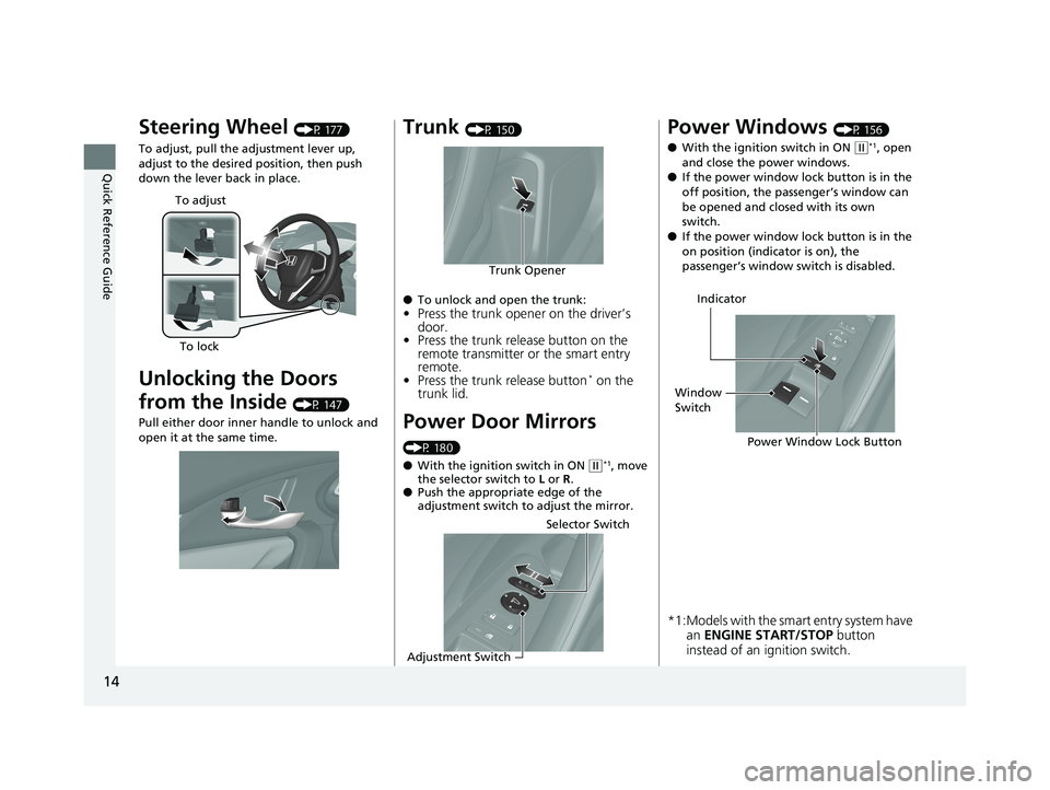 HONDA CIVIC COUPE 2020   (in English) User Guide 14
Quick Reference Guide
Steering Wheel (P 177)
To adjust, pull the adjustment lever up, 
adjust to the desired position, then push 
down the lever back in place.
Unlocking the Doors 
from the Inside 