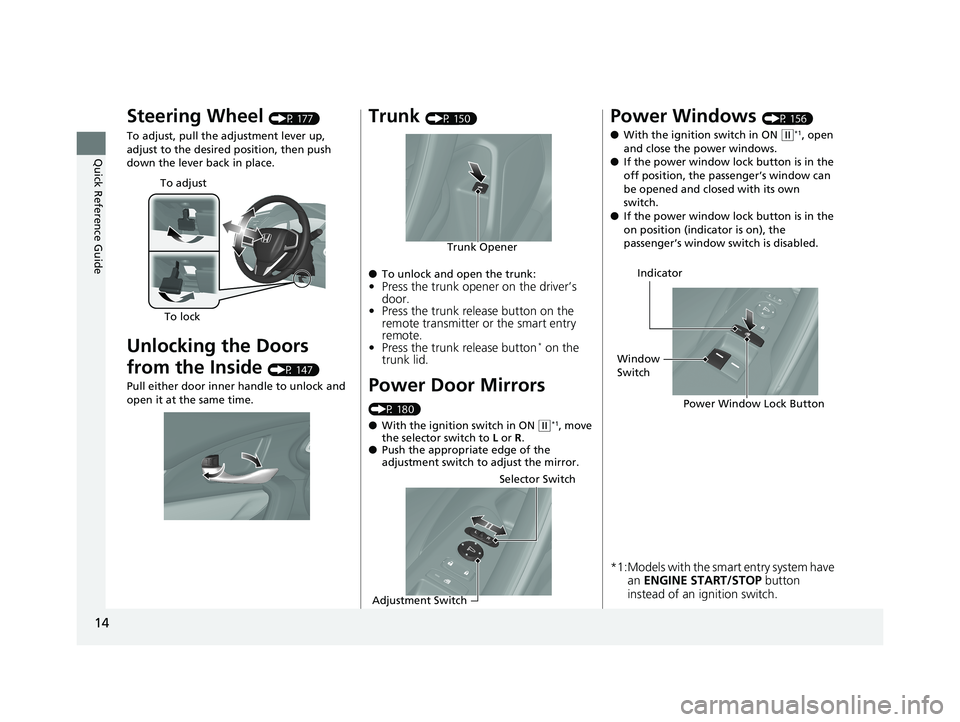 HONDA CIVIC COUPE 2020   (in English) User Guide 14
Quick Reference Guide
Steering Wheel (P 177)
To adjust, pull the adjustment lever up, 
adjust to the desired position, then push 
down the lever back in place.
Unlocking the Doors 
from the Inside 