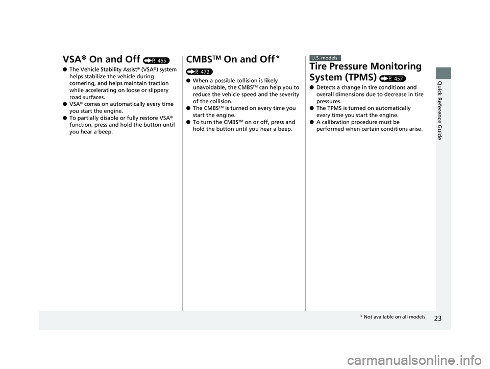 HONDA CIVIC COUPE 2020   (in English) Owners Guide 23
Quick Reference Guide
VSA® On and Off (P 455)
● The Vehicle Stability Assist ® (VSA® ) system 
helps stabilize the vehicle during 
cornering, and helps maintain traction 
while accelerating on