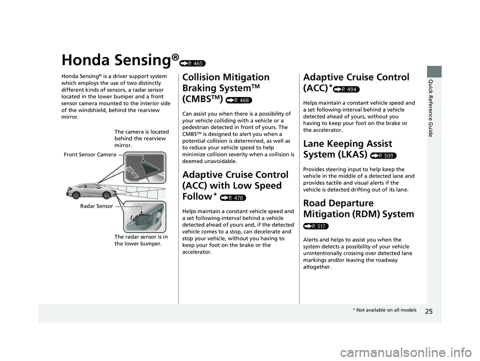 HONDA CIVIC COUPE 2020   (in English) Owners Guide 25
Quick Reference Guide
Honda Sensing®(P 465)
Honda Sensing ® is a driver support system 
which employs the use of two distinctly 
different kinds of sensors, a radar sensor 
located in the lower b