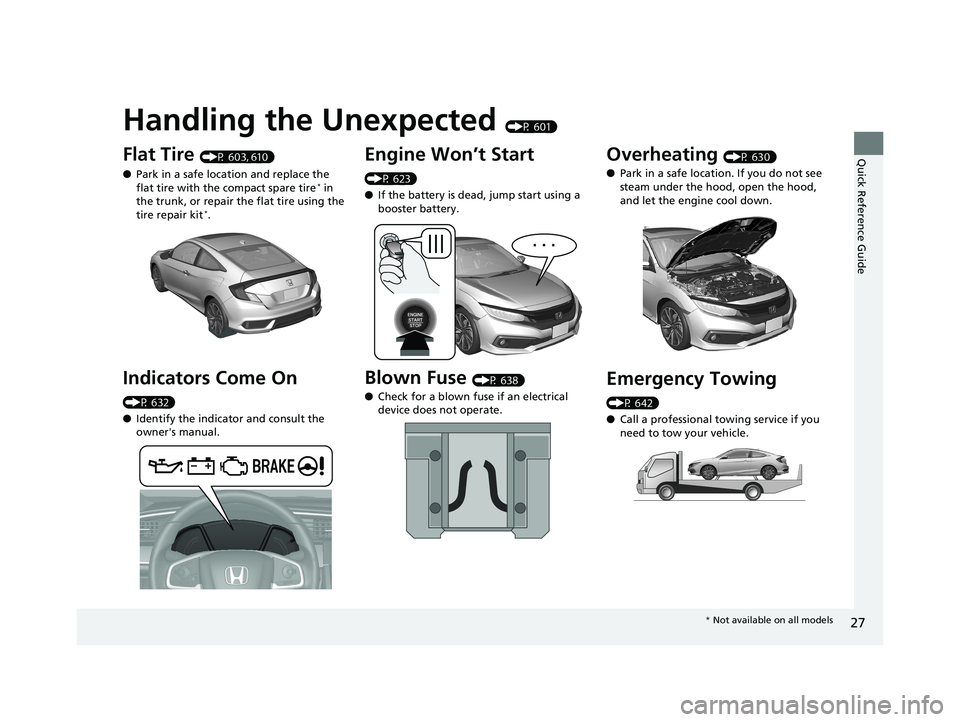 HONDA CIVIC COUPE 2020 Owners Manual (in English) Quick Reference Guide
27
Handling the Unexpected (P 601)
Flat Tire (P 603, 610)
● Park in a safe location and replace the
flat tire with the compact spare tire
* in
the trunk, or repair the flat t HONDA CIVIC COUPE 2020 Owners Manual (in English) Quick Reference Guide
27
Handling the Unexpected (P 601)
Flat Tire (P 603, 610)
● Park in a safe location and replace the
flat tire with the compact spare tire
* in
the trunk, or repair the flat t