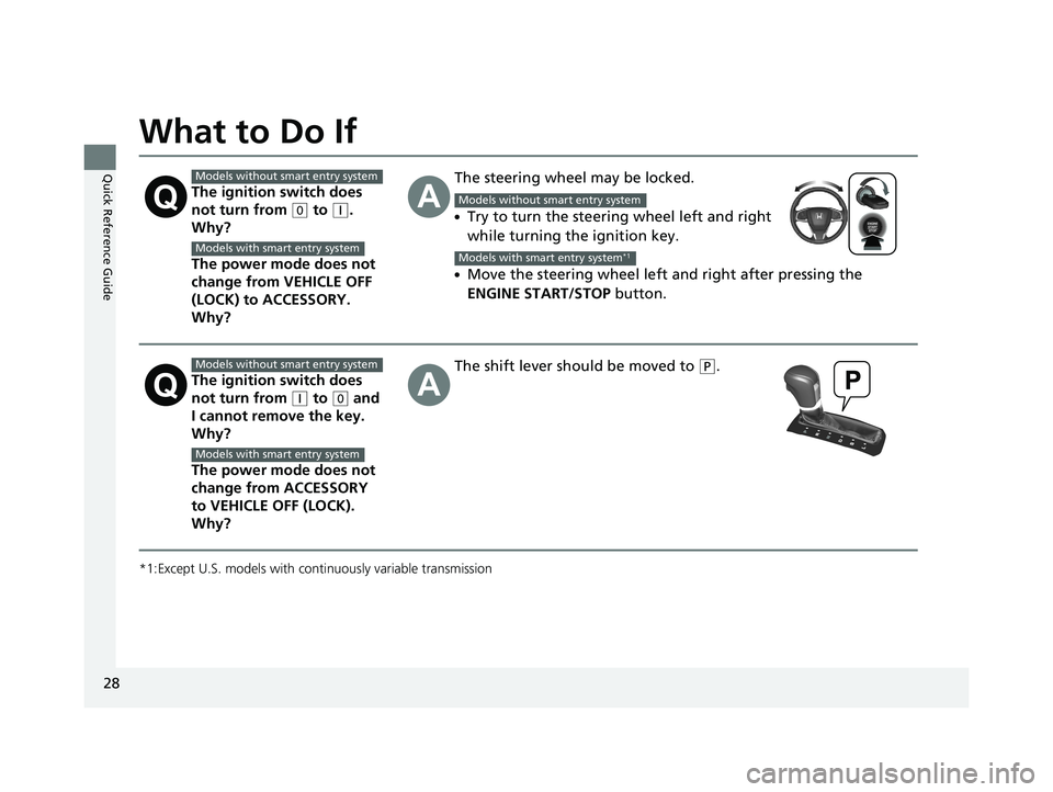 HONDA CIVIC COUPE 2020 (in English) Owners Guide 28
Quick Reference Guide
What to Do If
*1:Except U.S. models with continuously variable transmission
The ignition switch does
not turn from
(0 to (q.
Why?
The power mode does not
change from VEHIC HONDA CIVIC COUPE 2020 (in English) Owners Guide 28
Quick Reference Guide
What to Do If
*1:Except U.S. models with continuously variable transmission
The ignition switch does
not turn from
(0 to (q.
Why?
The power mode does not
change from VEHIC
