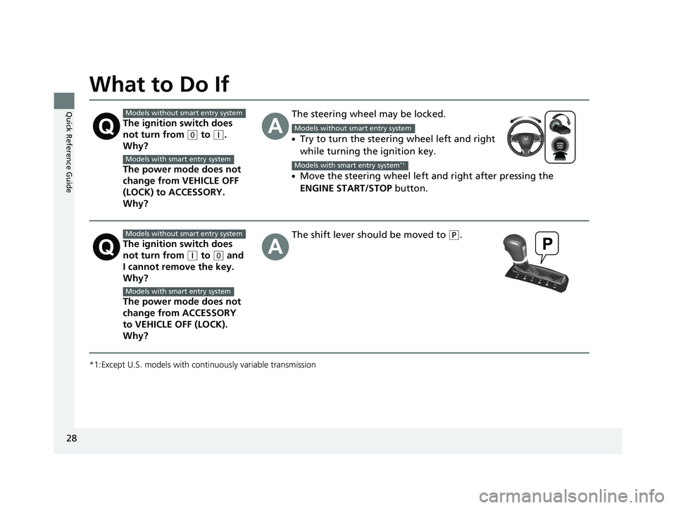 HONDA CIVIC COUPE 2020  Owners Manual (in English) 28
Quick Reference Guide
What to Do If
*1:Except U.S. models with continuously variable transmission
The ignition switch does 
not turn from 
(0 to (q. 
Why?
The power mode does not 
change from VEHIC