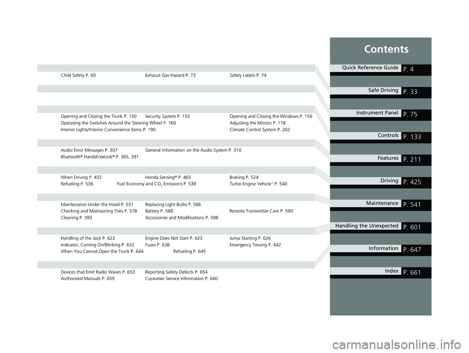 HONDA CIVIC COUPE 2020 Owners Manual (in English) Contents
Child Safety P. 60Exhaust Gas Hazard P. 73Safety Labels P. 74
Opening and Closing the Trunk P. 150 Security System P. 153 Opening and Closing the Windows P. 156
Operating the Switches Around HONDA CIVIC COUPE 2020 Owners Manual (in English) Contents
Child Safety P. 60Exhaust Gas Hazard P. 73Safety Labels P. 74
Opening and Closing the Trunk P. 150 Security System P. 153 Opening and Closing the Windows P. 156
Operating the Switches Around