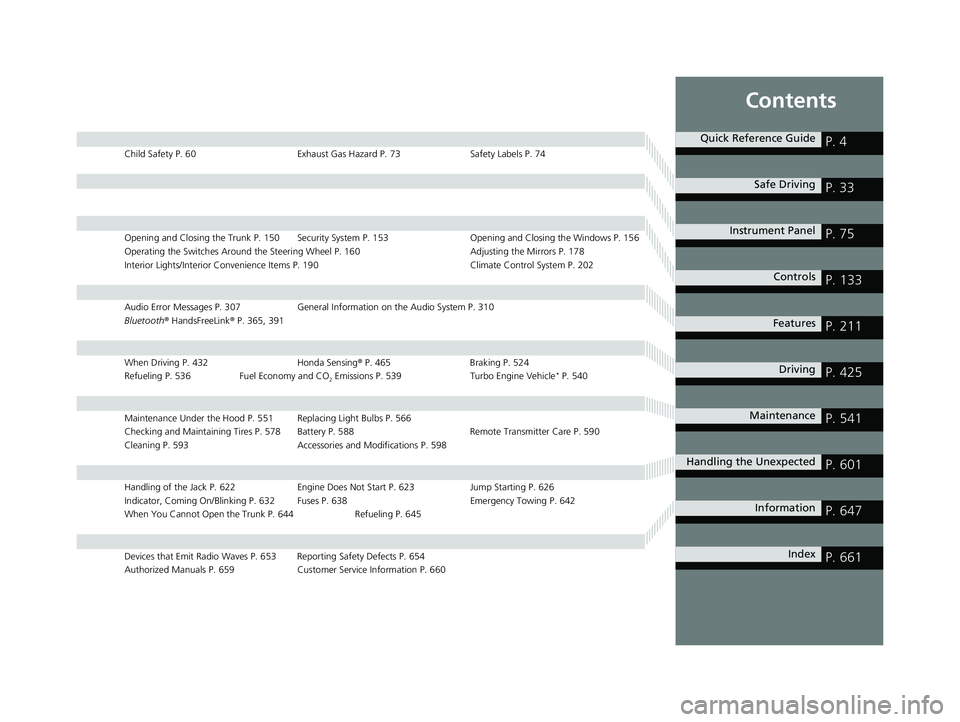 HONDA CIVIC COUPE 2020  Owners Manual (in English) Contents
Child Safety P. 60Exhaust Gas Hazard P. 73Safety Labels P. 74
Opening and Closing the Trunk P. 150 Security System P. 153 Opening and Closing the Windows P. 156
Operating the Switches Around 