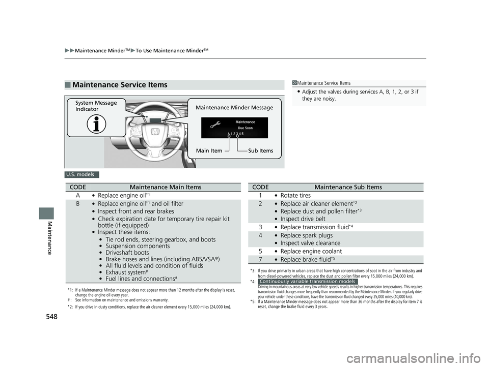 HONDA CIVIC COUPE 2020   (in English) Owners Guide 548
uuMaintenance MinderTMuTo Use Maintenance MinderTM
Maintenance
■Maintenance Service Items1Maintenance Service Items
•Adjust the valves during services A, B, 1, 2, or 3 if 
they are noisy.
Main