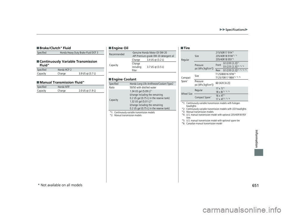 HONDA CIVIC COUPE 2020  Owners Manual (in English) 651
uuSpecifications u
Information
■Brake/Clutch* Fluid
■ Continuously Variable Transmission 
Fluid
*
■Manual Transmission Fluid*
SpecifiedHonda Heavy Duty Brake Fluid DOT 3
SpecifiedHonda HCF-2