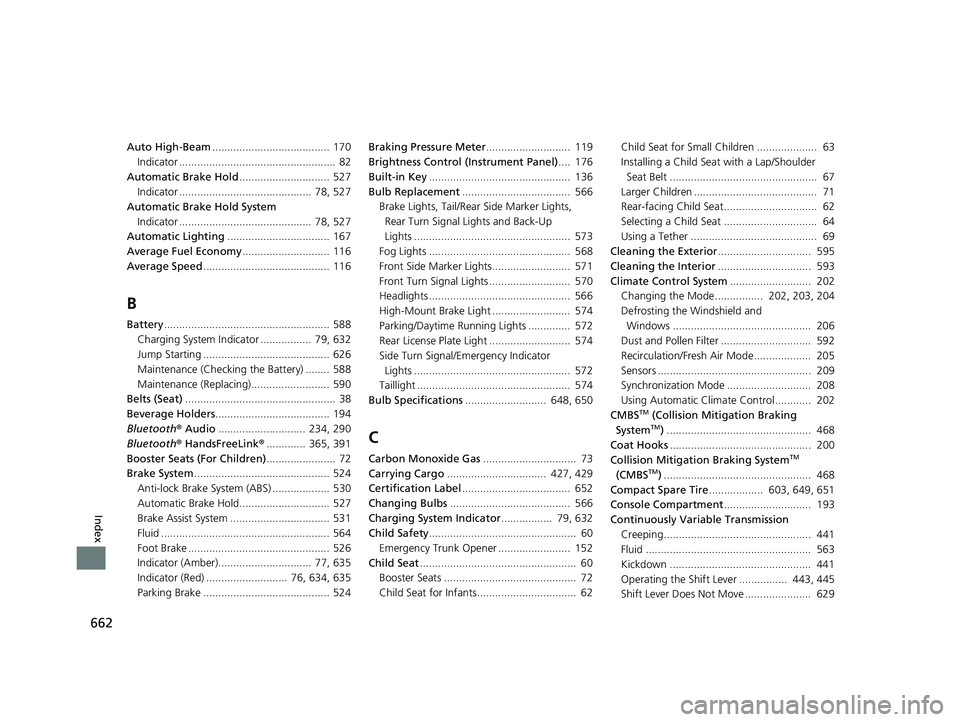 HONDA CIVIC COUPE 2020  Owners Manual (in English) 662
Index
Auto High-Beam....................................... 170
Indicator ....................................................  82
Automatic Brake Hold .............................. 527
Indicator