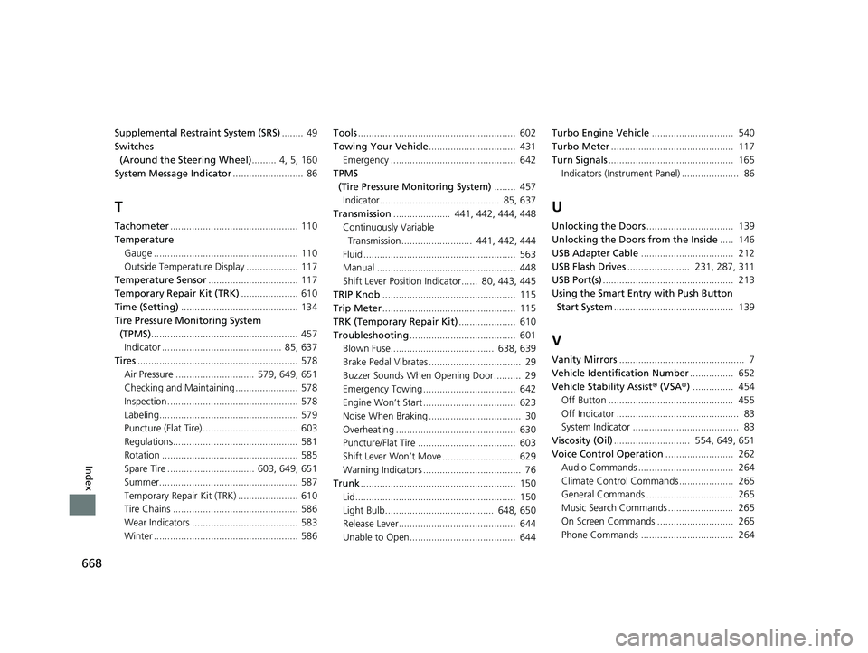 HONDA CIVIC COUPE 2020 Owners Manual (in English) 668
Index
Supplemental Restraint System (SRS)........ 49
Switches
(Around the Steering Wheel) ......... 4, 5, 160
System Message Indicator .......................... 86
T
Tachometer............... HONDA CIVIC COUPE 2020 Owners Manual (in English) 668
Index
Supplemental Restraint System (SRS)........ 49
Switches
(Around the Steering Wheel) ......... 4, 5, 160
System Message Indicator .......................... 86
T
Tachometer...............