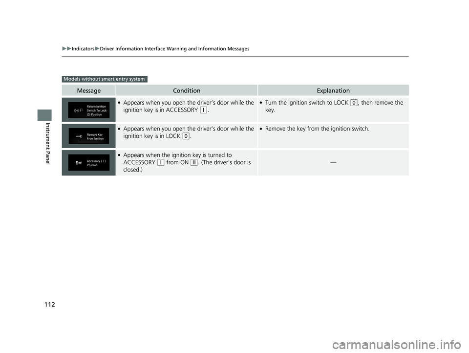 HONDA CIVIC HATCHBACK 2020 Owners Manual (in English) 112
uuIndicators uDriver Information Interface Wa rning and Information Messages
Instrument Panel
MessageConditionExplanation
●Appears when you open the driver’s door while the
ignition key is in HONDA CIVIC HATCHBACK 2020 Owners Manual (in English) 112
uuIndicators uDriver Information Interface Wa rning and Information Messages
Instrument Panel
MessageConditionExplanation
●Appears when you open the driver’s door while the
ignition key is in