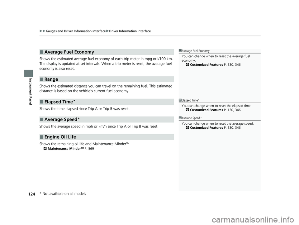 HONDA CIVIC HATCHBACK 2020  Owners Manual (in English) uuGauges and Driver Information Interface uDriver Information Interface
124
Instrument Panel
Shows the estimated average fuel economy of each trip meter in mpg or l/100 km. 
The display is updated at 