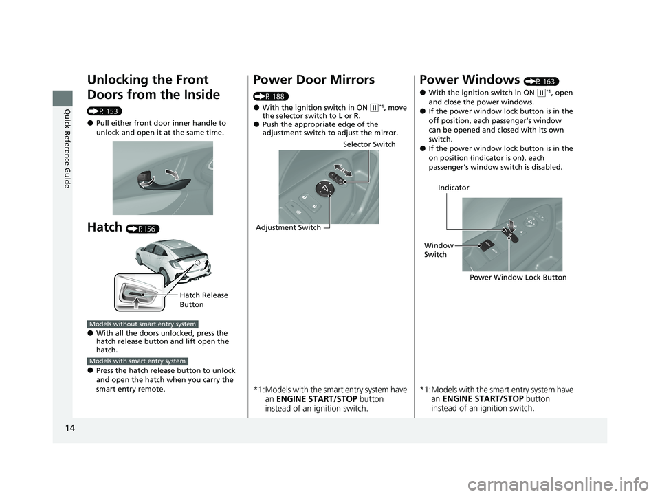 HONDA CIVIC HATCHBACK 2020  Owners Manual (in English) 14
Quick Reference Guide
Unlocking the Front 
Doors from the Inside 
(P 153)
●Pull either front door inner handle to 
unlock and open it at the same time.
Hatch (P156)
●With all the doors unlocked