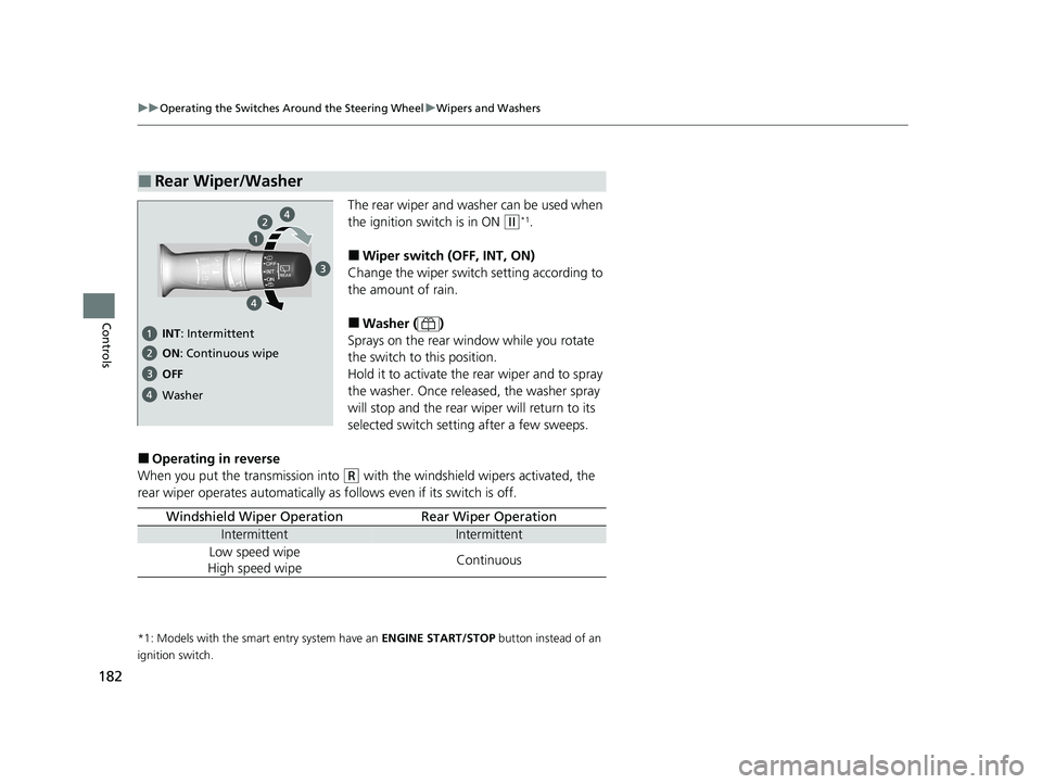 HONDA CIVIC HATCHBACK 2020 Owners Manual (in English) 182
uuOperating the Switches Around the Steering Wheel uWipers and Washers
Controls
The rear wiper and washer can be used when
the ignition switch is in ON
(w*1.
■Wiper switch (OFF, INT, ON)
Chang HONDA CIVIC HATCHBACK 2020 Owners Manual (in English) 182
uuOperating the Switches Around the Steering Wheel uWipers and Washers
Controls
The rear wiper and washer can be used when
the ignition switch is in ON
(w*1.
■Wiper switch (OFF, INT, ON)
Chang