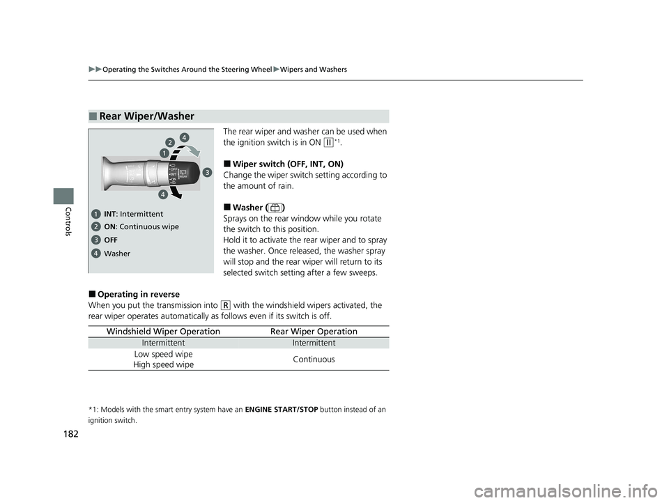 HONDA CIVIC HATCHBACK 2020   (in English) Service Manual 182
uuOperating the Switches Around the Steering Wheel uWipers and Washers
Controls
The rear wiper and washer can be used when 
the ignition switch is in ON 
(w*1.
■Wiper switch (OFF, INT, ON)
Chang