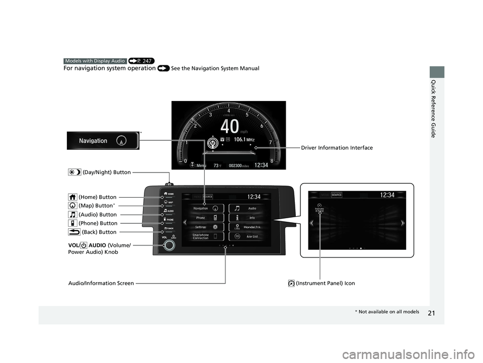 HONDA CIVIC HATCHBACK 2020 (in English) Owners Guide 21
Quick Reference Guide
(P 247)
For navigation system operation () See the Navigation System Manual
Models with Display Audio
Audio/Information Screen
Driver Information Interface
(Instrument Pane HONDA CIVIC HATCHBACK 2020 (in English) Owners Guide 21
Quick Reference Guide
(P 247)
For navigation system operation () See the Navigation System Manual
Models with Display Audio
Audio/Information Screen
Driver Information Interface
(Instrument Pane