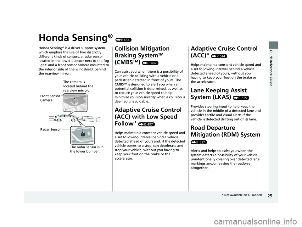 HONDA CIVIC HATCHBACK 2020 (in English) Owners Guide 25
Quick Reference Guide
Honda Sensing® (P484)
Honda Sensing ® is a driver support system
which employs the use of two distinctly
different kinds of sensors, a radar sensor
located in the lower b HONDA CIVIC HATCHBACK 2020 (in English) Owners Guide 25
Quick Reference Guide
Honda Sensing® (P484)
Honda Sensing ® is a driver support system
which employs the use of two distinctly
different kinds of sensors, a radar sensor
located in the lower b