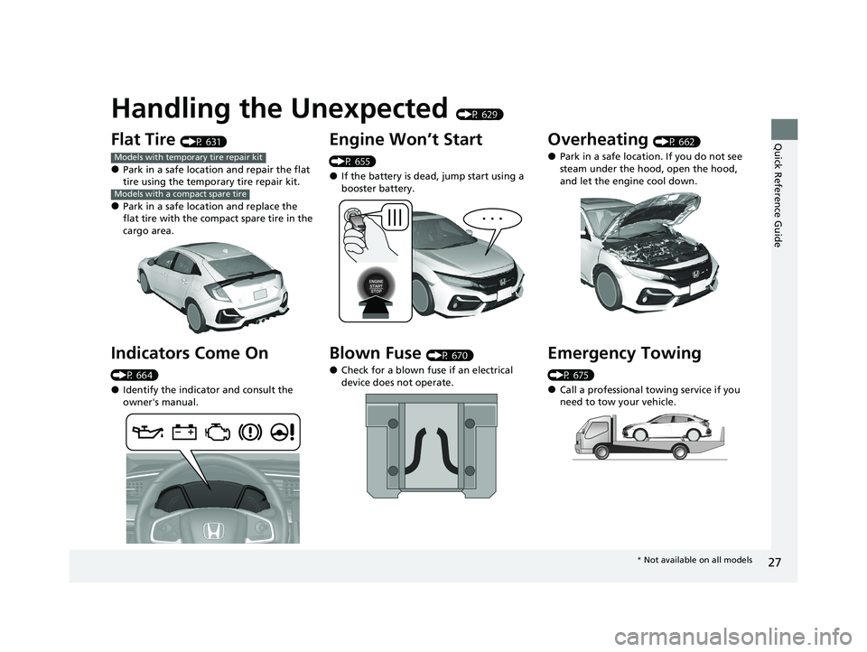 HONDA CIVIC HATCHBACK 2020 (in English) Owners Guide Quick Reference Guide
27
Handling the Unexpected (P 629)
Flat Tire (P 631)
●Park in a safe location and repair the flat
tire using the temporary tire repair kit.
●Park in a safe location and repl HONDA CIVIC HATCHBACK 2020 (in English) Owners Guide Quick Reference Guide
27
Handling the Unexpected (P 629)
Flat Tire (P 631)
●Park in a safe location and repair the flat
tire using the temporary tire repair kit.
●Park in a safe location and repl