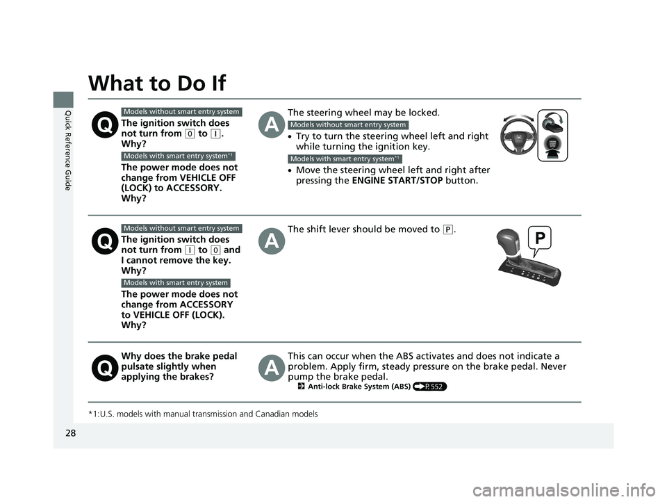 HONDA CIVIC HATCHBACK 2020 (in English) Owners Guide 28
Quick Reference Guide
What to Do If
*1:U.S. models with manual transmission and Canadian models
The ignition switch does
not turn from
(0 to (q.
Why?
The power mode does not
change from VEHICLE HONDA CIVIC HATCHBACK 2020 (in English) Owners Guide 28
Quick Reference Guide
What to Do If
*1:U.S. models with manual transmission and Canadian models
The ignition switch does
not turn from
(0 to (q.
Why?
The power mode does not
change from VEHICLE