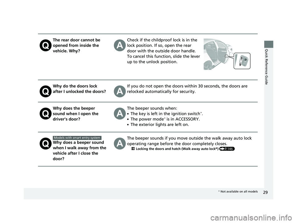 HONDA CIVIC HATCHBACK 2020 (in English) Owners Guide 29
Quick Reference Guide
The rear door cannot be
opened from inside the
vehicle. Why?Check if the childproof lock is in the
lock position. If so, open the rear
door with the outside door handle.
T HONDA CIVIC HATCHBACK 2020 (in English) Owners Guide 29
Quick Reference Guide
The rear door cannot be
opened from inside the
vehicle. Why?Check if the childproof lock is in the
lock position. If so, open the rear
door with the outside door handle.
T