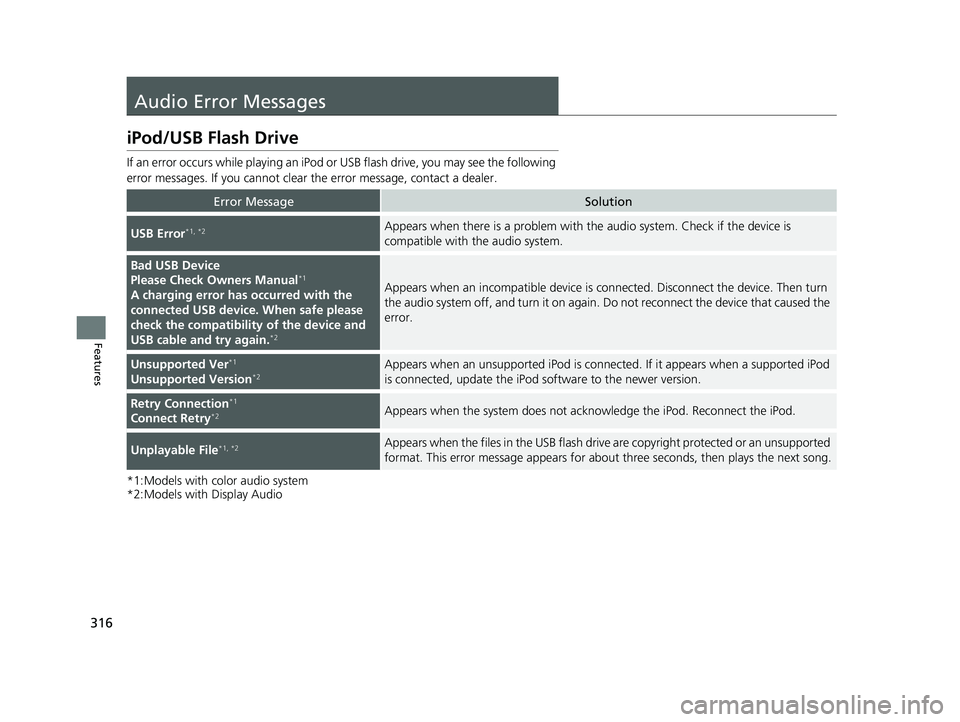 HONDA CIVIC HATCHBACK 2020  Owners Manual (in English) 316
Features
Audio Error Messages
iPod/USB Flash Drive
If an error occurs while playing an iPod or USB flash driv e, you may see the following 
error messages. If you cannot clear  the error message, 
