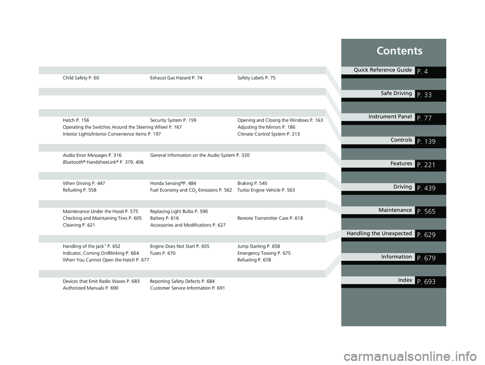 HONDA CIVIC HATCHBACK 2020 Owners Manual (in English) Contents
Child Safety P. 60Exhaust Gas Hazard P. 74Safety Labels P. 75
Hatch P. 156 Security System P. 159 Opening and Closing the Windows P. 163
Operating the Switches Around the Steering Wheel P. 16 HONDA CIVIC HATCHBACK 2020 Owners Manual (in English) Contents
Child Safety P. 60Exhaust Gas Hazard P. 74Safety Labels P. 75
Hatch P. 156 Security System P. 159 Opening and Closing the Windows P. 163
Operating the Switches Around the Steering Wheel P. 16