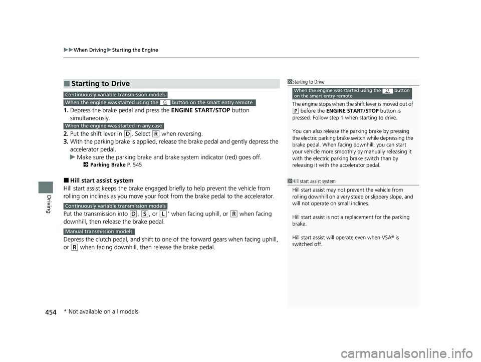 HONDA CIVIC HATCHBACK 2020 (in English) Repair Manual uuWhen Driving uStarting the Engine
454
Driving
1. Depress the brake pedal and press the ENGINE START/STOP button
simultaneously.
2. Put the shift lever in
(D. Select (R when reversing.
3. With the HONDA CIVIC HATCHBACK 2020 (in English) Repair Manual uuWhen Driving uStarting the Engine
454
Driving
1. Depress the brake pedal and press the ENGINE START/STOP button
simultaneously.
2. Put the shift lever in
(D. Select (R when reversing.
3. With the