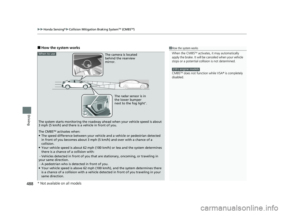 HONDA CIVIC HATCHBACK 2020 (in English) Manual PDF uuHonda Sensing ®u Collision Mitigation Braking SystemTM (CMBSTM)
488
Driving
■How the system works1How the system works
When the CMBS
TM activates, it may automatically
apply the brake. It will HONDA CIVIC HATCHBACK 2020 (in English) Manual PDF uuHonda Sensing ®u Collision Mitigation Braking SystemTM (CMBSTM)
488
Driving
■How the system works1How the system works
When the CMBS
TM activates, it may automatically
apply the brake. It will
