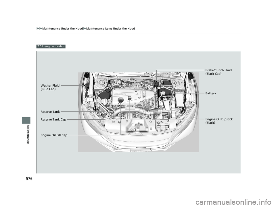 HONDA CIVIC HATCHBACK 2020  Owners Manual (in English) 576
uuMaintenance Under the Hood uMaintenance Items Under the Hood
Maintenance
2.0 L engine models
Washer Fluid 
(Blue Cap)
Reserve Tank
Engine Oil Dipstick 
(Black) Brake/Clutch Fluid 
(Black Cap)
Re