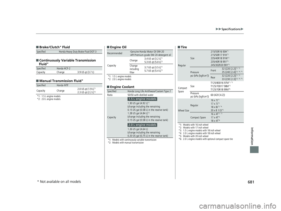 HONDA CIVIC HATCHBACK 2020   (in English) User Guide 681
uuSpecifications u
Information
■
Brake/Clutch* Fluid
■ Continuously Variable Transmission 
Fluid
*
■ Manual Transmi ssion Fluid*
*1: 1.5 L engine models
*2: 2.0 L engine models
SpecifiedHond