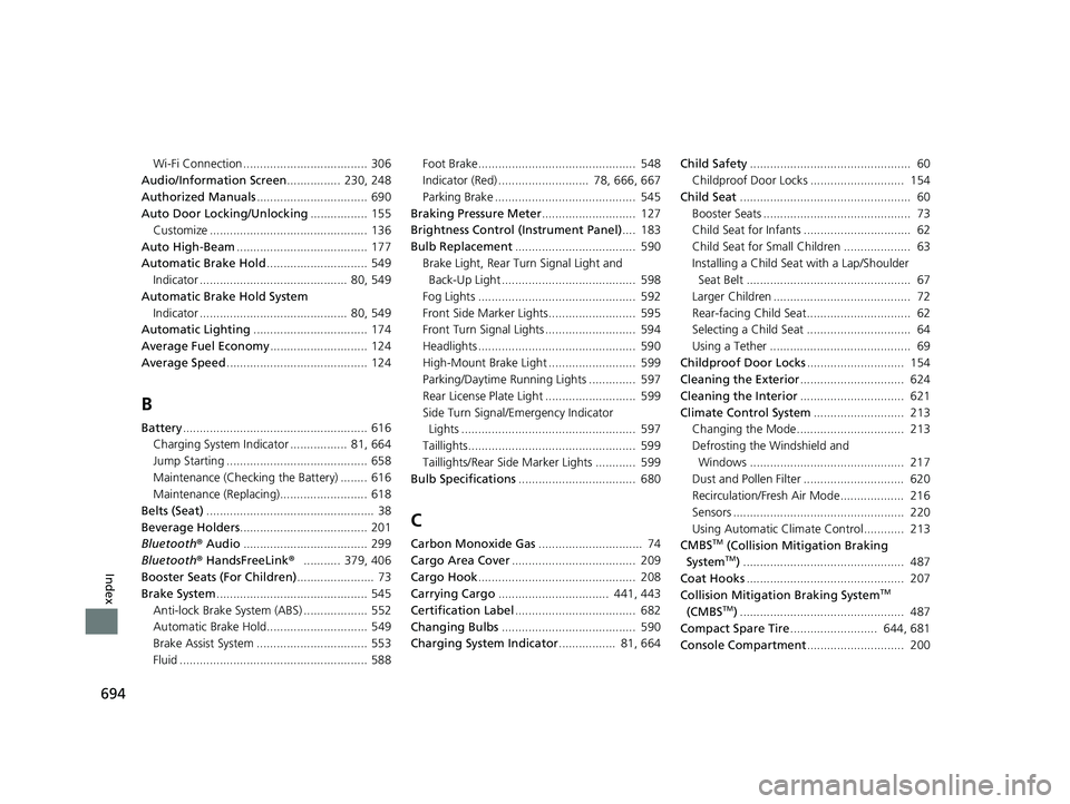 HONDA CIVIC HATCHBACK 2020   (in English) User Guide 694
Index
Wi-Fi Connection ..................................... 306
Audio/Information Screen ................  230, 248
Authorized Manuals ................................. 690
Auto Door Locking/Unlo