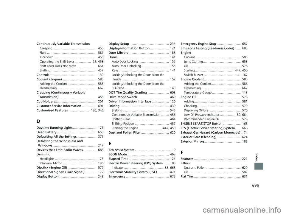 HONDA CIVIC HATCHBACK 2020  Owners Manual (in English) 695
Index
Continuously Variable TransmissionCreeping.................................................  456
Fluid .......................................................  587
Kickdown .................