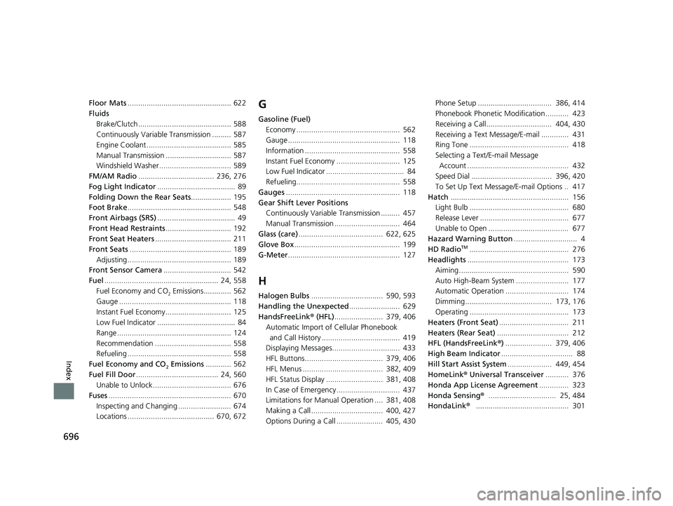HONDA CIVIC HATCHBACK 2020   (in English) User Guide 696
Index
Floor Mats................................................. 622
Fluids
Brake/Clutch ............................................ 588
Continuously Variable Transmission ......... 587
Engine C