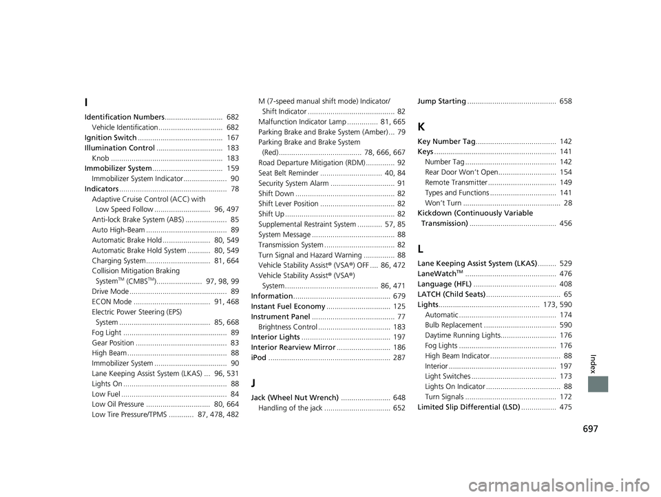 HONDA CIVIC HATCHBACK 2020  Owners Manual (in English) 697
Index
I
Identification Numbers............................  682
Vehicle Identification...............................  682
Ignition Switch .........................................  167
Illuminati