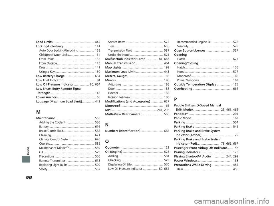 HONDA CIVIC HATCHBACK 2020   (in English) User Guide 698
Index
Load Limits................................................ 443
Locking/Unlocking .................................... 141
Auto Door Locking/Unlocking .................. 155
Childproof Door 