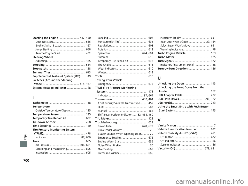 HONDA CIVIC HATCHBACK 2020   (in English) User Guide 700
Index
Starting the Engine..........................  447, 450
Does Not Start ......................................... 655
Engine Switch Buzzer............................... 167
Jump Starting ...