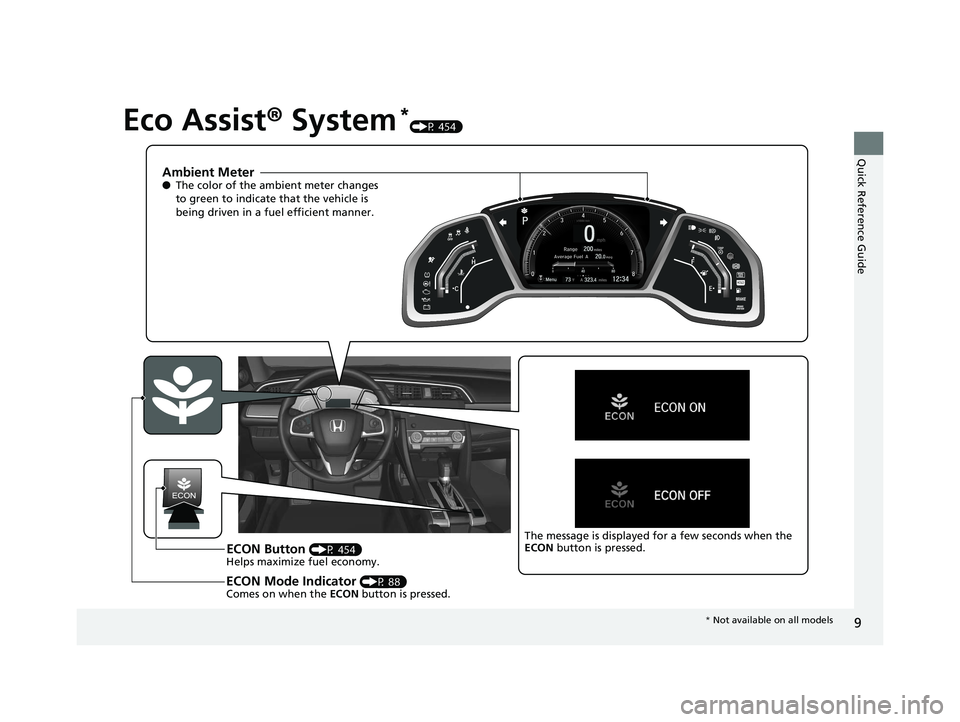 HONDA CIVIC SEDAN 2020   (in English) User Guide 9
Quick Reference Guide
Eco Assist® System*(P 454)
Ambient Meter●The color of the ambient meter changes 
to green to indicate that the vehicle is 
being driven in a fuel efficient manner.
ECON Butt