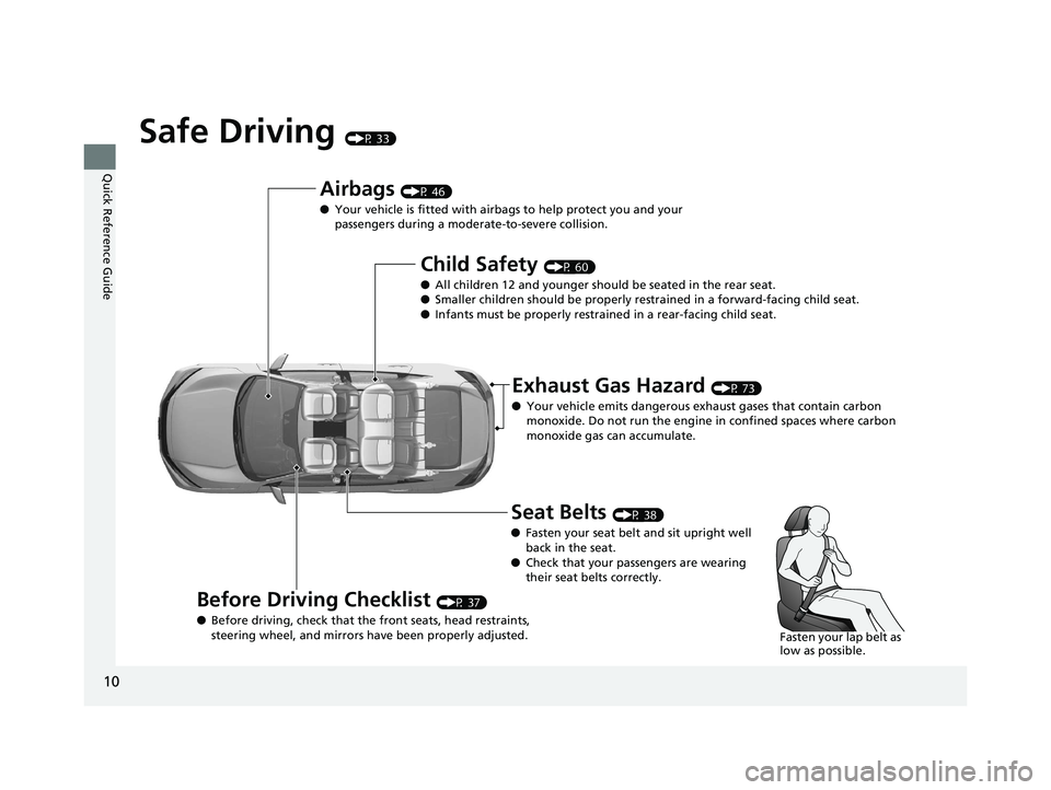 HONDA CIVIC SEDAN 2020   (in English) User Guide 10
Quick Reference Guide
Safe Driving (P 33)
Airbags (P 46)
● Your vehicle is fitted with airbags to help protect you and your 
passengers during a moderate-to-severe collision.
Child Safety (P 60)
