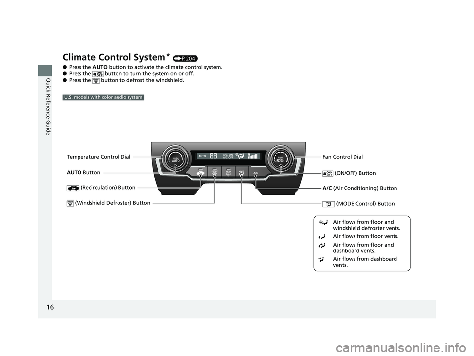 HONDA CIVIC SEDAN 2020  Owners Manual (in English) 16
Quick Reference Guide
Climate Control System* (P204)
● Press the  AUTO button to activate the climate control system.
● Press the   button to turn the system on or off.
● Press the   button t